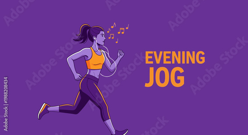Evening Jogger Listens To Music During Her Purple Background Run for Fitness and Health