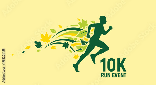 Energetic Runner Silhouette Representing a 10K Run Event with Animated Leaves and Graphics