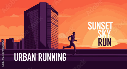 Evening Jogger Running In Front Of City Buildings With Beautiful Sunset Sky Background