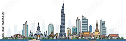 Bangkok city skyline with famous buildings and landmarks, line art illustration