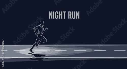 Evening Jogger Silhouette On Asphalt, Night Running Fitness Concept Against Dark Backdrop