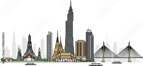 Bangkok city skyline with famous buildings and landmarks, line art illustration