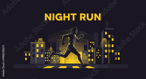Energetic Silhouette Runner Sprinting Through Modern Cityscape Under The Black Night Sky