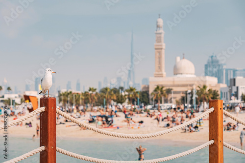 Seagull perching a wooden pole on a vibrant beach, with mosque and skyscrapers dominating the Dubai skyline