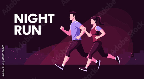 Evening Jogging Duo: Animated Illustration Showing Active Couple Running Together At Night