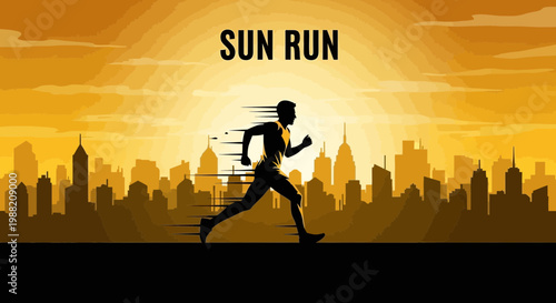 Energetic Runner Silhouetted Against Vibrant Golden Cityscape Sunrise