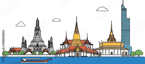 Bangkok city skyline with famous buildings and landmarks, line art illustration