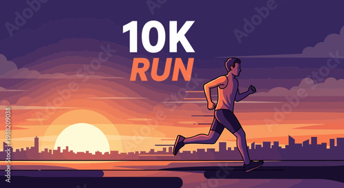 Evening Marathon Run Illustration Depicting Athlete Silhouette Against Sunset Cityscape Background
