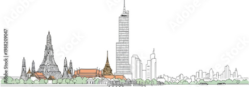 Bangkok city skyline with famous buildings and landmarks, line art illustration