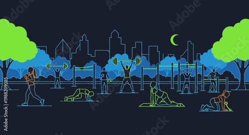 Evening Outdoor Workout Scene Depicting Diverse Fitness Activities Under a Crescent Moon