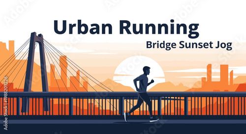Evening Run On Bridge: City Silhouette Depicting Urban Jogging During Sunset