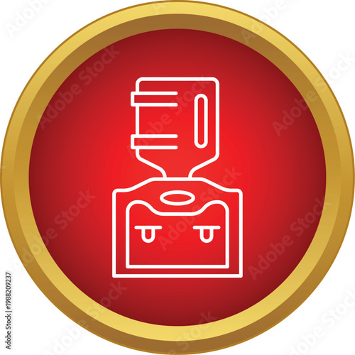 Water cooler dispenser outline icon on a red round button