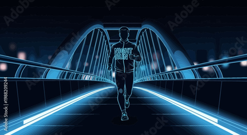 Evening Run on illuminated bridge with a silhouette of a person in motion