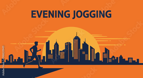 Evening Silhouette Jogger Running in Front of City Skyline at Sunset Scene Design