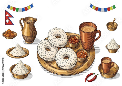 Delicious Nepalese Food Spread with Tea and Traditional Snacks