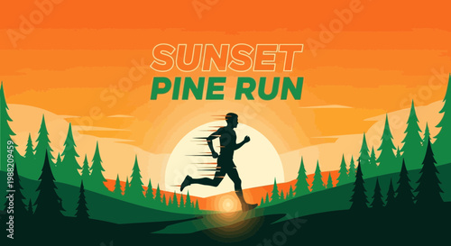 Evening Trail Run Silhouette in a Forest with the Sunset and Pines Scenery