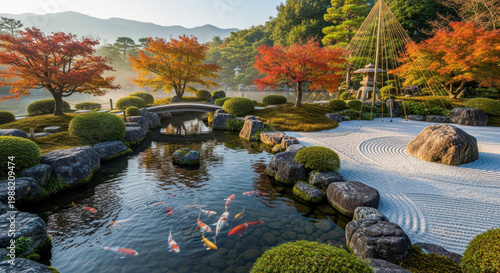 Serene Japanese garden with colorful koi fish in autumn