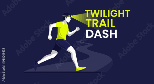Evening Trail Runner With Headlamp Navigating a Winding Path During Twilight Hour