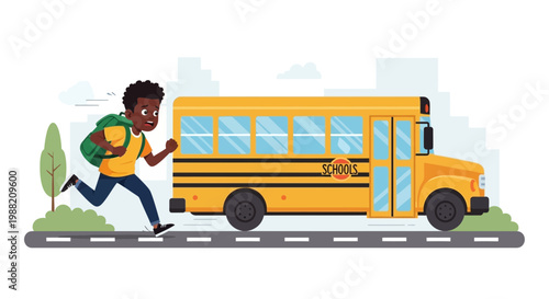 Excited Boy Chasing After The School Bus, Showing School And Education Concepts