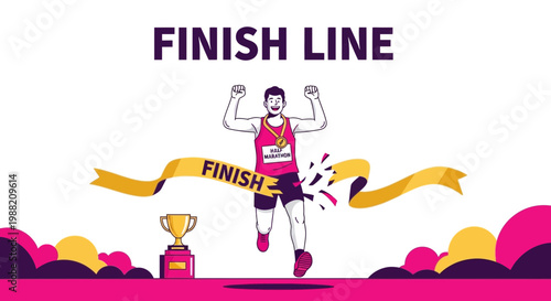 Excited Marathon Runner Crosses The Finish Line With Trophy And Medal