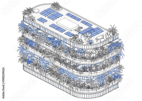 Eco-friendly architectural concept showcasing a modern building with solar energy and integrated greenery for sustainable urban living