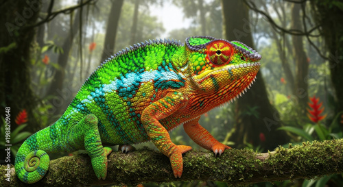 Colorful chameleon resting on a tree branch in a lush forest