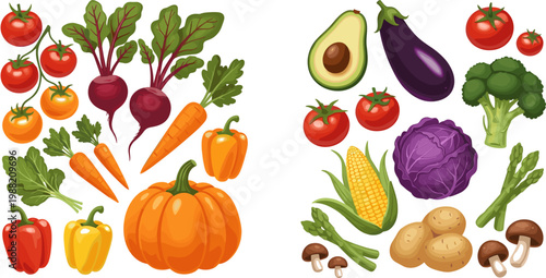 Colorful Fresh Vegetable Collection Set with Pumpkin Avocado Carrot Tomato Corn Broccoli and Organic Produce for Food Design