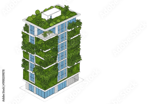 Sustainable high-rise building covered in lush greenery and trees