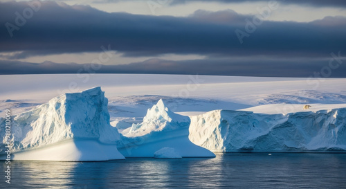 Polar bear standing on icebergs in Arctic landscape with clouds