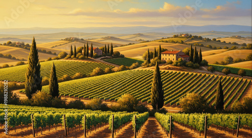 Scenic Vineyard Landscape with Rolling Hills at Golden Hour