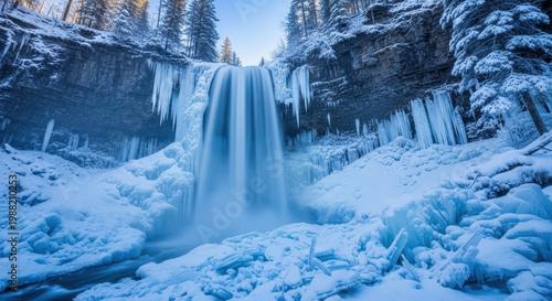 Snow-Covered Waterfall in Winter Forest