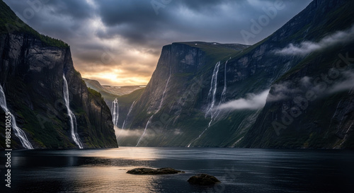 Dramatic Mountain Fjord at Sunset with Cascading Waterfalls