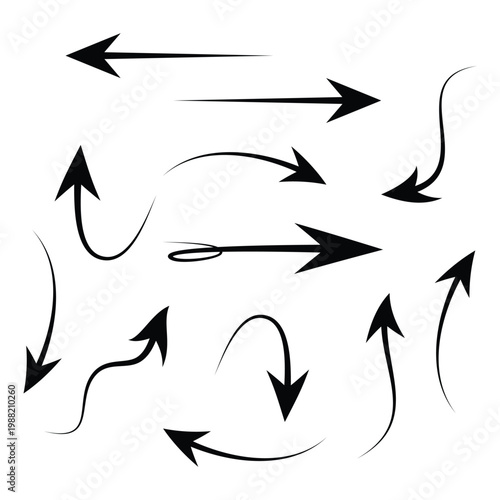 Curved Arrow Vector Set, Hand Drawn Black Doodle Directional Arrows Collection with Swirl, Loop, Wavy and Straight Arrows for Infographic, Flowchart, UI UX Navigation, Web Design, Presentation.