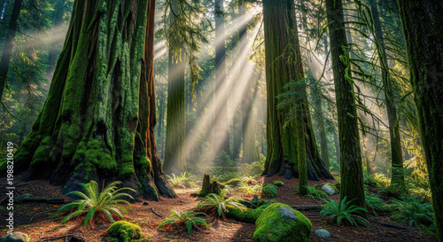 Sunbeams illuminating ancient moss-covered trees in a lush forest