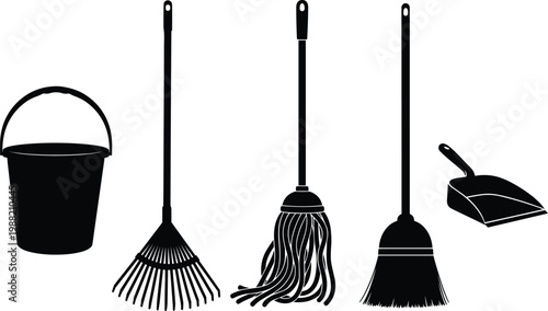 Silhouette cleaning tools, bucket, rake, mop, broom, dustpan, household equipment, black icons, minimalist design, home maintenance, vector illustration