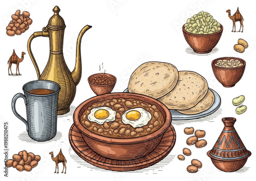 Ful Medames, Egyptian Breakfast with Beans, Bread, and Coffee in Traditional Setting