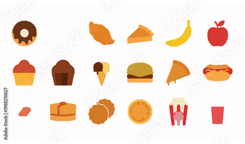 Delicious food filled icon set with donut milkshake croissant muffin and dessert icons for mobile and web design