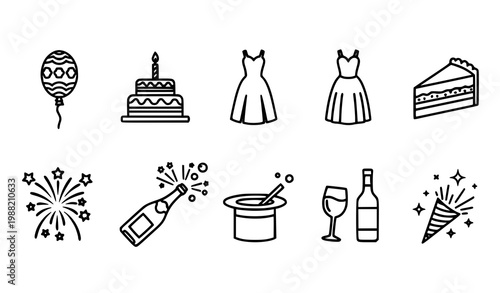 Stylish party outline icons set with balloon cake fireworks champagne and magic hat for celebration design