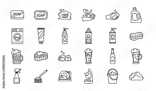 Foam outline icon set with soap detergent laundry skincare and beer foam symbols for cleaning and beverage design