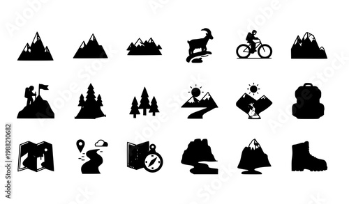 Mountain icon set with goat bicycle hiker flag and camping elements in filled and outline style for outdoor design