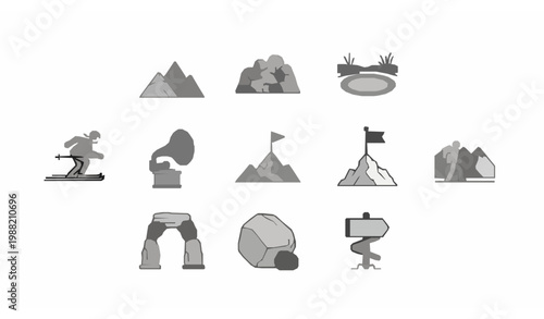 Mountain rock line icons collection with skiing pond gramophone and peak flag for travel and adventure design