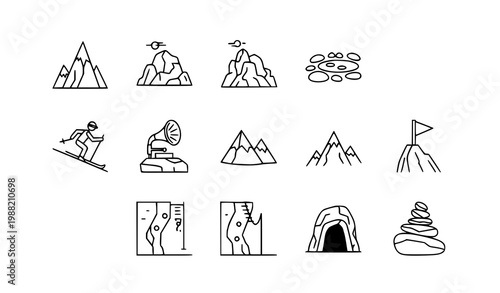 Rock and mountain outline icon set with skiing pond gramophone and flag summit symbols for outdoor design