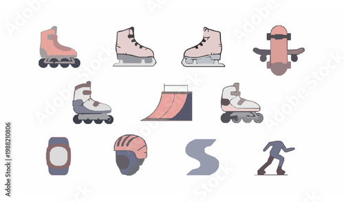 Modern skating icons collection with roller skates ice skate skateboard and safety gear in flat filled outline style