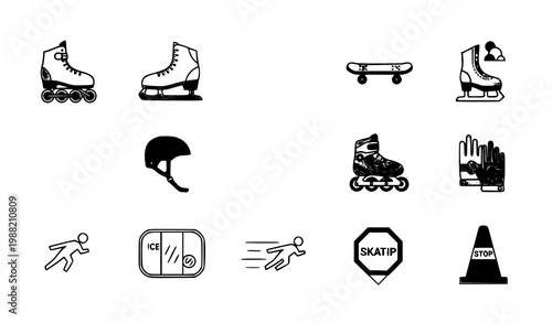 Skating icon set with roller skate ice skate skateboard and protective gear in filled and outline style for sports design