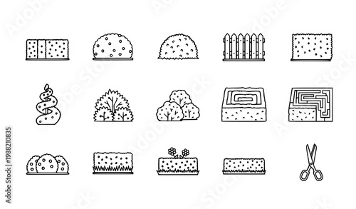 Hedge outline icon set with garden shrubs topiary fence and trimming tools for landscaping design