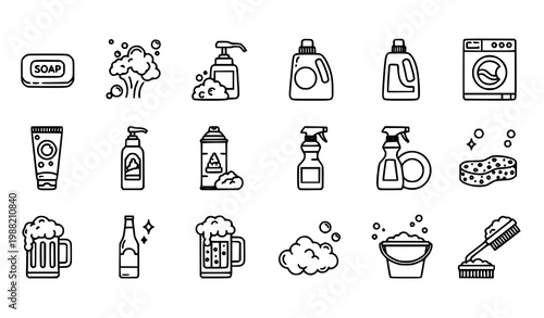 Bold foam icon set with soap detergent laundry skincare and beer foam mug symbols for cleaning and hygiene design