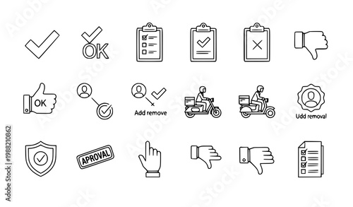 Approval line icon collection with tick cross clipboard thumbs up courier and verification symbols for UI systems