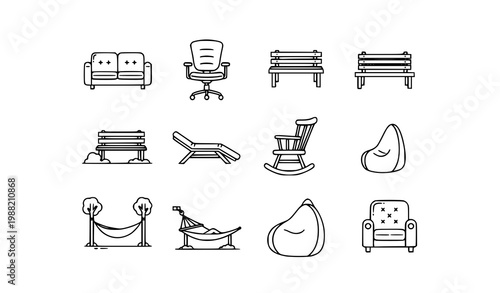 Comfort furniture icon collection with sofa chair bench and relaxation seating in modern outline style