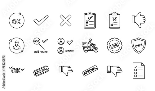 OK approval outline icon set with tick clipboard courier thumbs up and user verification symbols for UI design