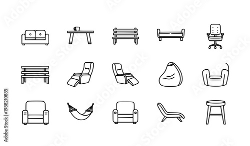 Comfortable seating outline icon set with sofa chair bench and lounge furniture symbols for interior design